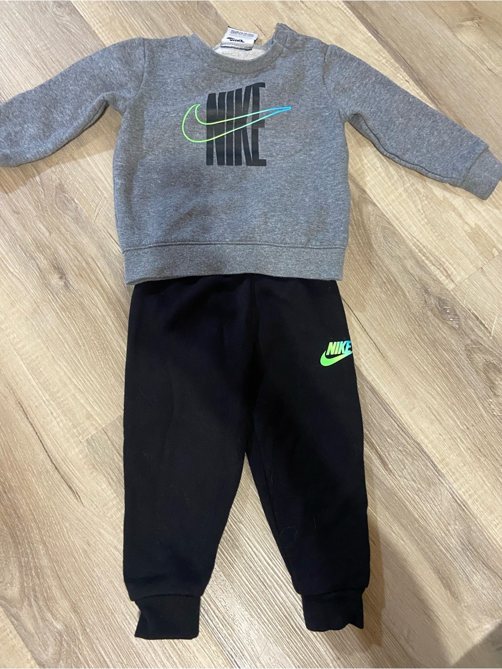 Nike Kids Gray Sweatshirt and Black Joggers Set with Neon Green Swoosh